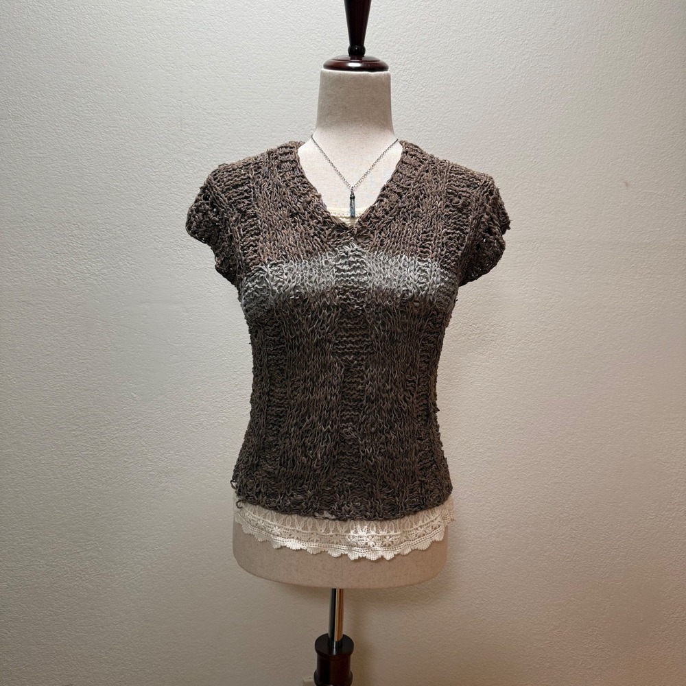 Vintage Leather Handknit Woven Textured Rustic Earthy Boho Festival Top Small‎